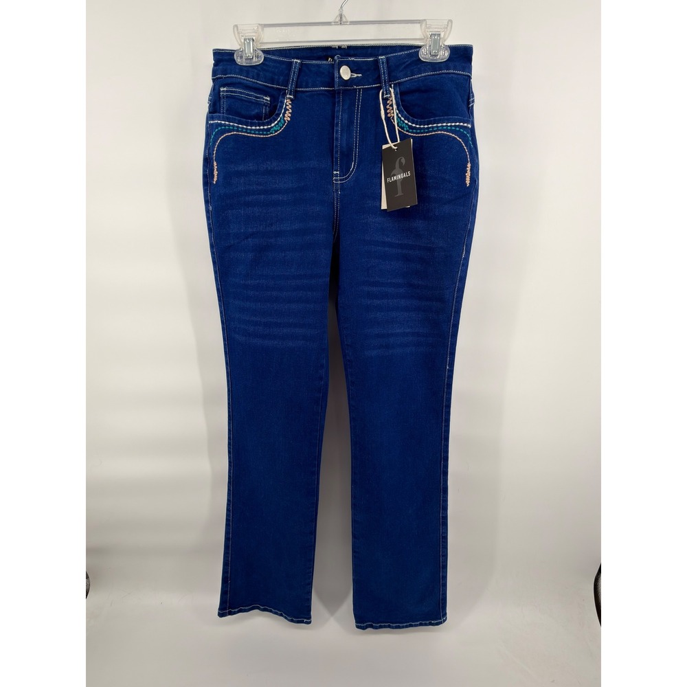 Flamingals Medium Blue Embroidered Pocket Stretch Bootcut Curve Jeans New